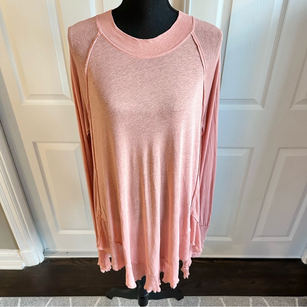 Free People Linen Blend Coral Asymmetrical Long Sleeve Tunic Top - Picture 2 of 7